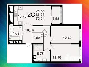 2-к квартира, вторичка, 70м2, 19/26 этаж