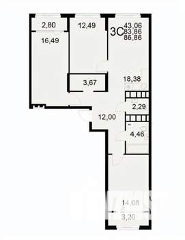 3-к квартира, вторичка, 87м2, 10/22 этаж