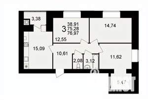 3-к квартира, вторичка, 77м2, 1/16 этаж
