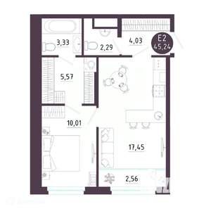 1-к квартира, вторичка, 45м2, 13/19 этаж