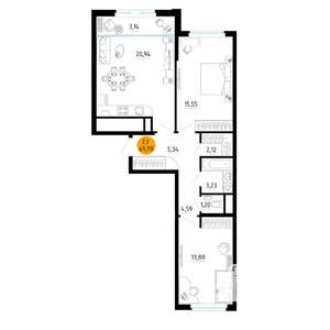 2-к квартира, вторичка, 70м2, 18/25 этаж