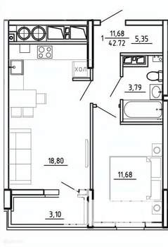 1-к квартира, вторичка, 43м2, 12/26 этаж