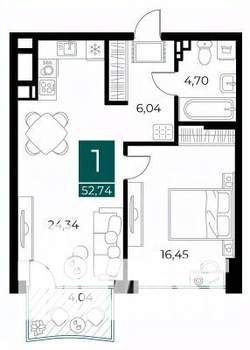 1-к квартира, вторичка, 53м2, 7/9 этаж