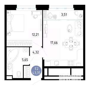 1-к квартира, вторичка, 43м2, 5/20 этаж