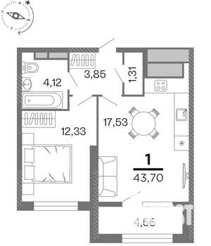 1-к квартира, строящийся дом, 44м2, 15/15 этаж