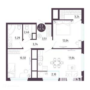 2-к квартира, вторичка, 60м2, 9/19 этаж