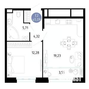 1-к квартира, вторичка, 45м2, 5/25 этаж