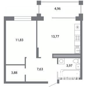 1-к квартира, строящийся дом, 44м2, 5/5 этаж