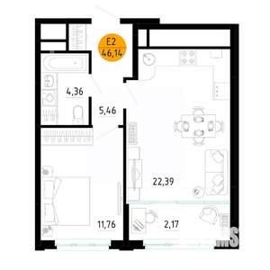 1-к квартира, вторичка, 46м2, 12/25 этаж