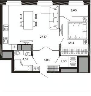 1-к квартира, вторичка, 55м2, 3/8 этаж