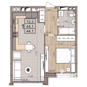 1-к квартира, строящийся дом, 44м2, 5/8 этаж