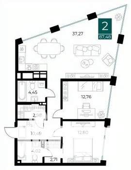 2-к квартира, вторичка, 87м2, 8/13 этаж