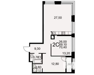 2-к квартира, вторичка, 69м2, 2/25 этаж