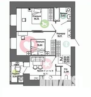 2-к квартира, вторичка, 60м2, 15/16 этаж