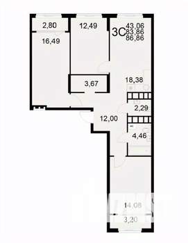 3-к квартира, вторичка, 87м2, 6/22 этаж