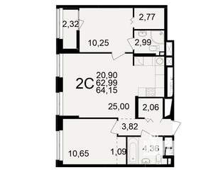 2-к квартира, вторичка, 63м2, 2/25 этаж