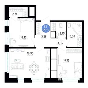 2-к квартира, вторичка, 56м2, 2/20 этаж
