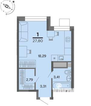 1-к квартира, вторичка, 28м2, 6/22 этаж