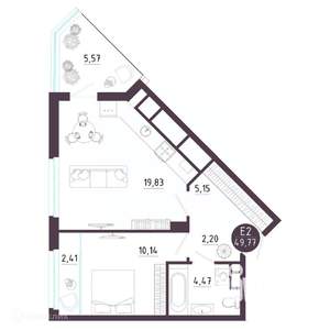 1-к квартира, вторичка, 50м2, 2/19 этаж