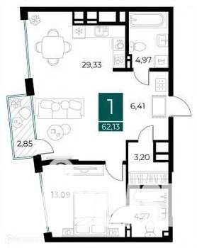 1-к квартира, вторичка, 62м2, 13/14 этаж