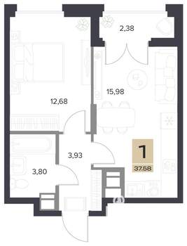 1-к квартира, строящийся дом, 38м2, 8/13 этаж