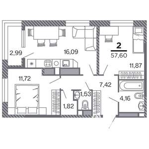 2-к квартира, строящийся дом, 58м2, 20/25 этаж