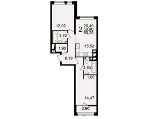 2-к квартира, вторичка, 59м2, 18/25 этаж