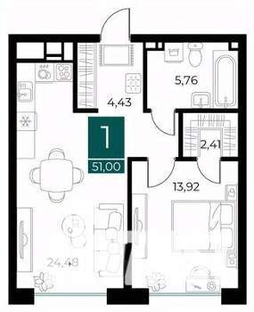 1-к квартира, вторичка, 51м2, 4/13 этаж