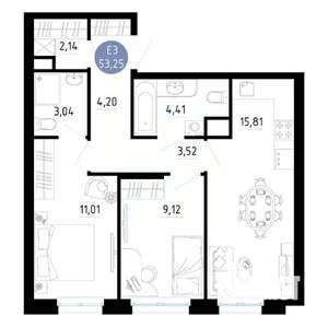 2-к квартира, вторичка, 53м2, 2/14 этаж