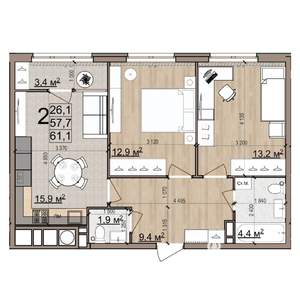 2-к квартира, вторичка, 61м2, 13/25 этаж
