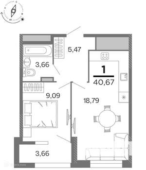 1-к квартира, вторичка, 41м2, 1/17 этаж