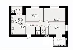 3-к квартира, вторичка, 82м2, 13/16 этаж