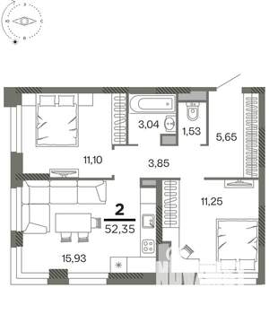 2-к квартира, вторичка, 52м2, 24/26 этаж