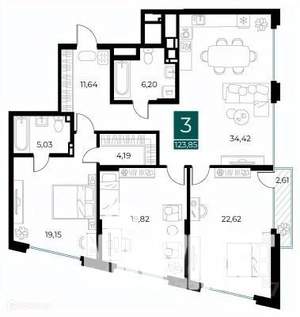 3-к квартира, вторичка, 124м2, 3/14 этаж