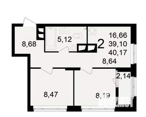 2-к квартира, вторичка, 39м2, 22/23 этаж