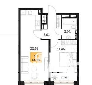1-к квартира, вторичка, 44м2, 6/17 этаж