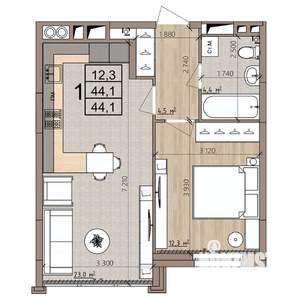1-к квартира, строящийся дом, 44м2, 5/8 этаж