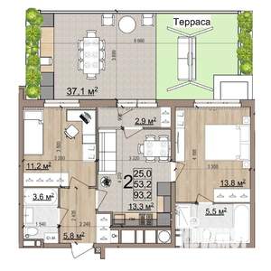 2-к квартира, вторичка, 93м2, 1/25 этаж