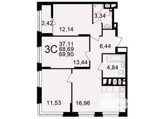 3-к квартира, вторичка, 69м2, 13/25 этаж