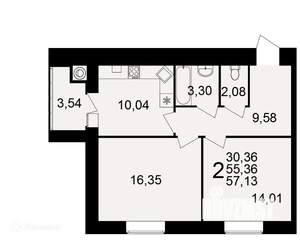 2-к квартира, вторичка, 57м2, 13/16 этаж