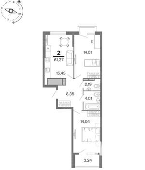 2-к квартира, строящийся дом, 61м2, 12/15 этаж