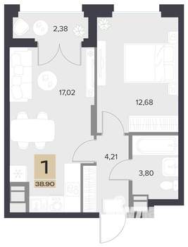 1-к квартира, строящийся дом, 39м2, 5/13 этаж