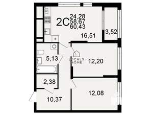 2-к квартира, вторичка, 60м2, 25/26 этаж