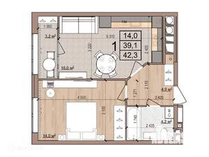 1-к квартира, вторичка, 42м2, 14/17 этаж