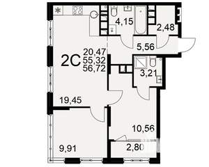 2-к квартира, вторичка, 55м2, 15/22 этаж