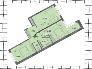 2-к квартира, вторичка, 65м2, 2/22 этаж