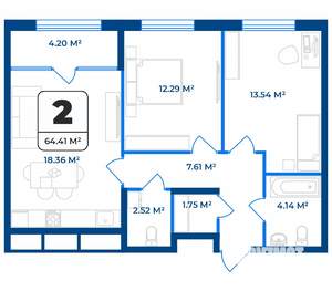 2-к квартира, строящийся дом, 64м2, 1/9 этаж