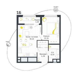 1-к квартира, строящийся дом, 44м2, 18/25 этаж