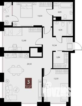 3-к квартира, вторичка, 91м2, 2/15 этаж
