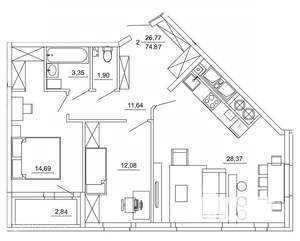 2-к квартира, вторичка, 75м2, 2/26 этаж